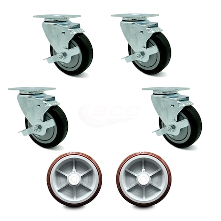 Regency 600UBCKIT6 U-Boat Utility Cart Caster and Wheel Full Replacement Set - Includes 4 Swivel Black Casters with Brakes and 2 Wheels - Service Caster Brand